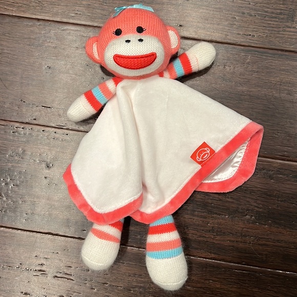 Baby Starters Pink and White Sock Monkey lovey mini blanket with rattle